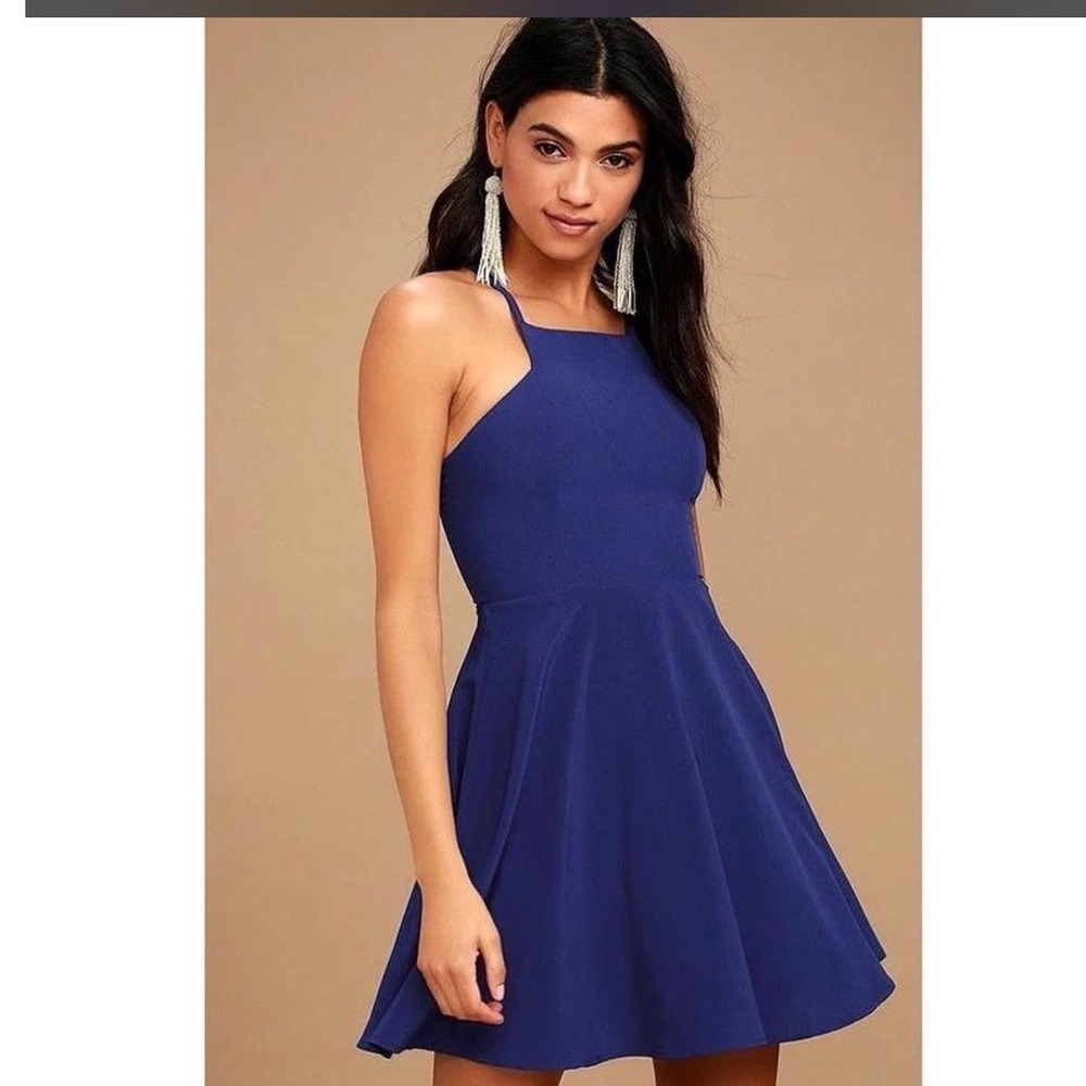 Lulus Royal Blue Chiffon Halter Open Back Skater Dress Style 15414 Womens Medium